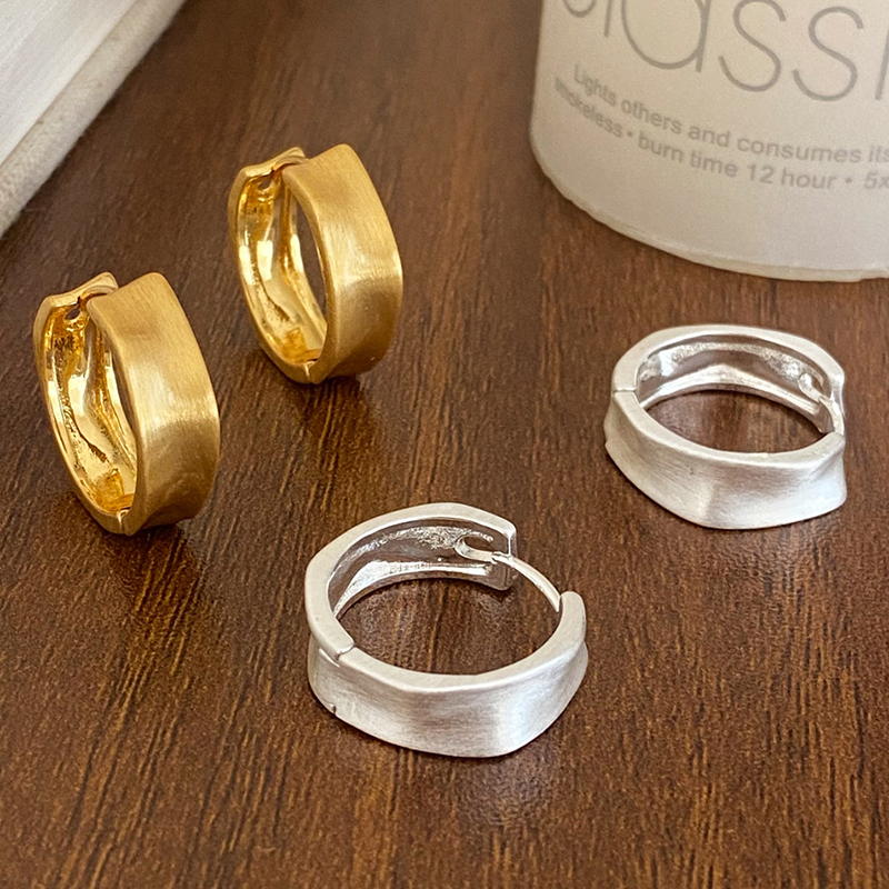 Gold Sterling Silver Brushed Round Hoop Earring, Vintage Minimalist Jewelry for Women