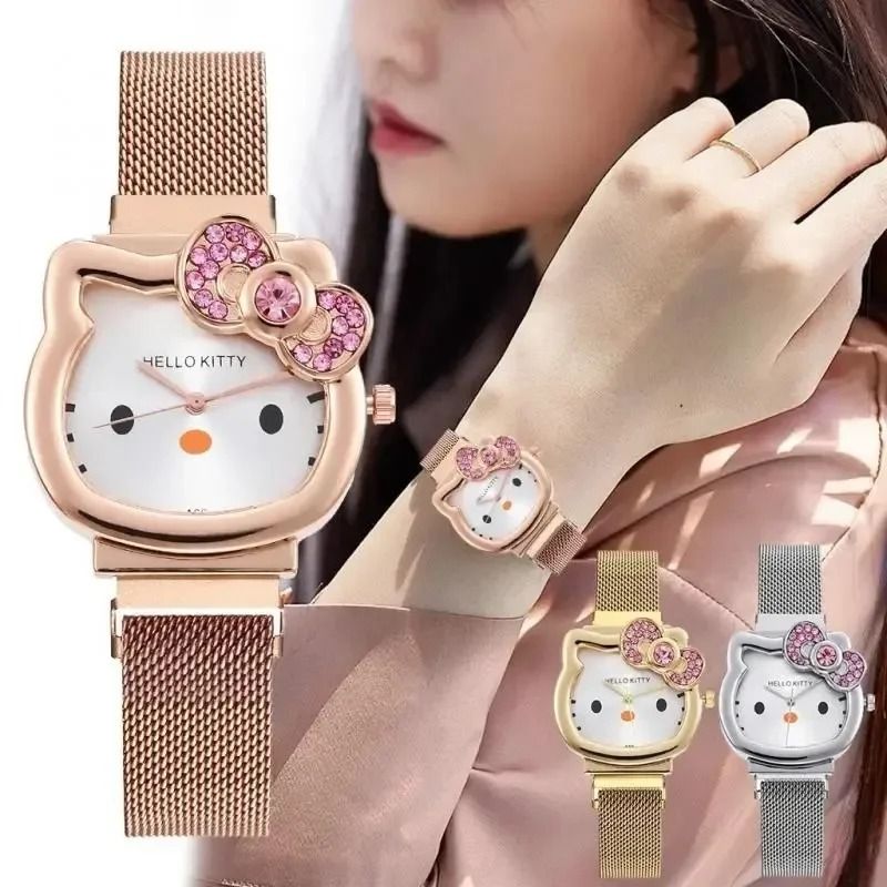 Hello Kitty Crystal Bow Magnet Watch – Fashionable Sanrio Anime Quartz Timepiece for Girls & Fans