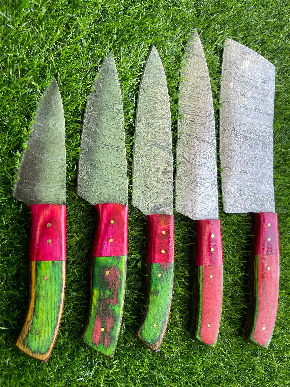 5 PCS Handmade Damascus Steel Chef Knives with Wooden Handles
