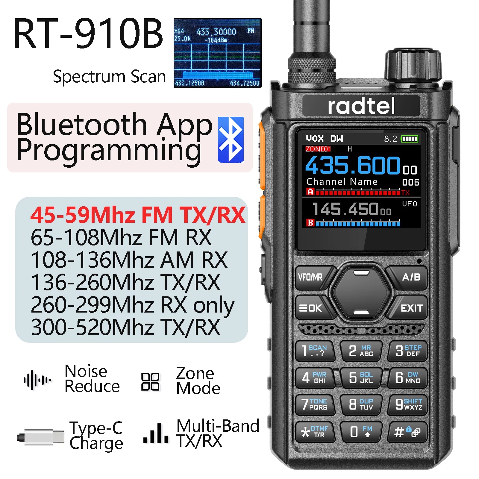 Radtel RT Bluetooth Programmable ham radio walkie talkie with multi band radio & Air Band Receiver