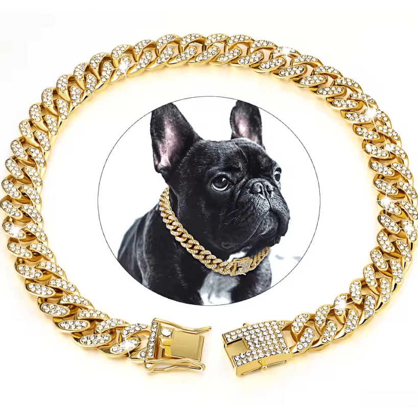 Dog Cuban Chain Collar – Stylish Metal Pet Collar with Diamond Design and Secure Buckle
