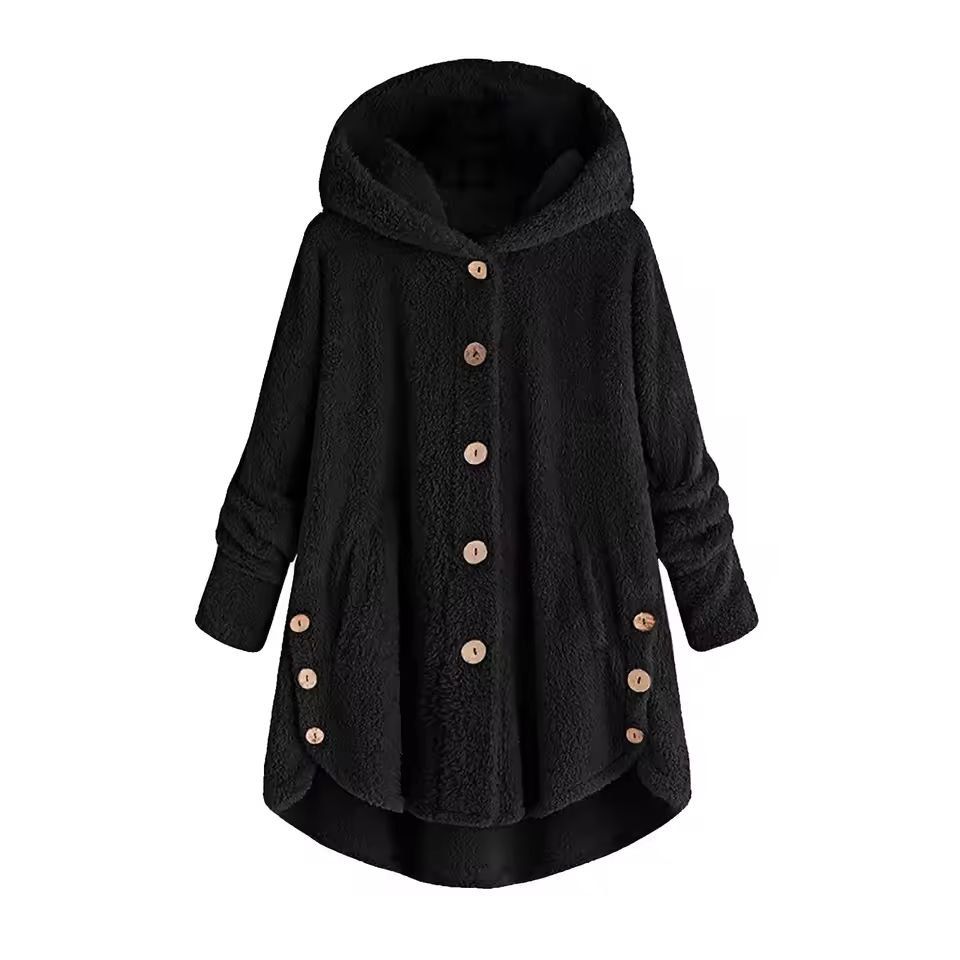 CosyHood Wool Blend Hooded Womens Coat, Warm Autumn Winter Solid Colour Plush Jacket
