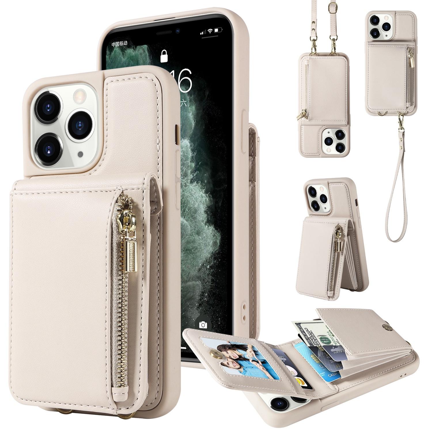 Leather Crossbody iPhone Wallet Case with Zipper Pocket & Lanyard Strap