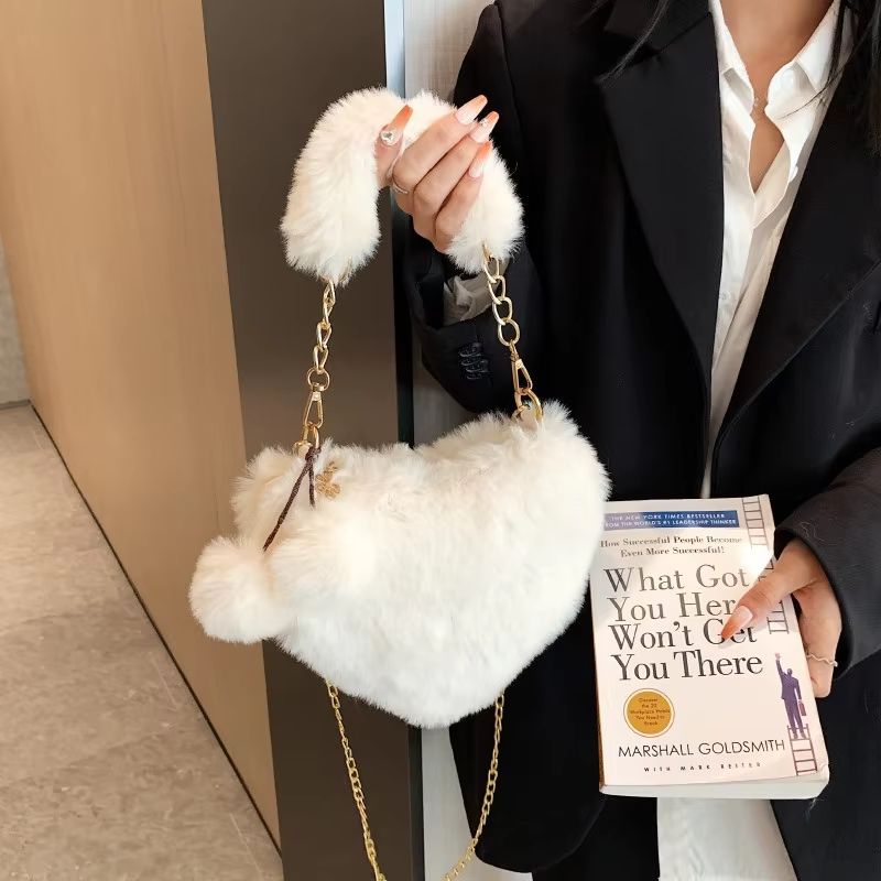 Faux Fur Heart Bag Small Chain Shoulder Purse, Plush Crossbody Clutch