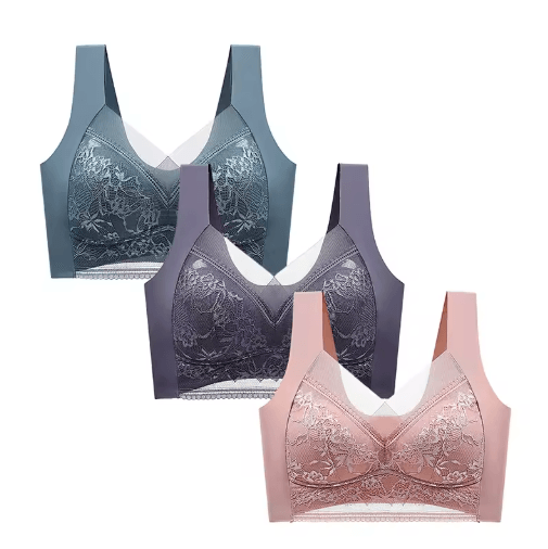 FallSweet 3-Piece Wireless Lace Push Up Deep V Bralette Set (L–5XL)