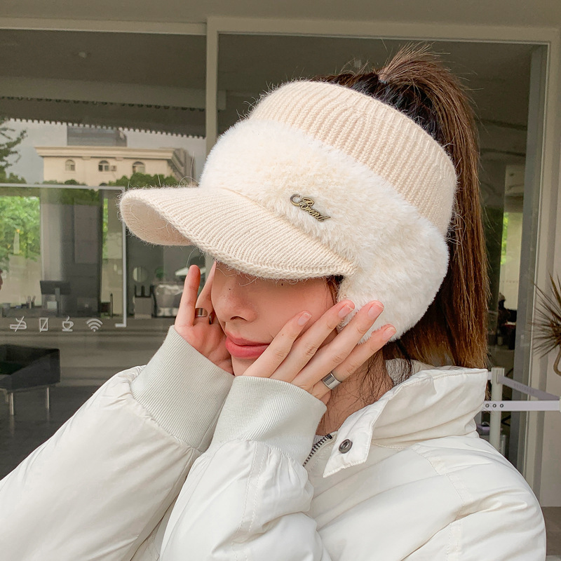 New Fashion Winter Warm Knitted Cap Baseball Hat with Visor for Women Windproof Ear Wing Outdoor Sports Ponytail Hat