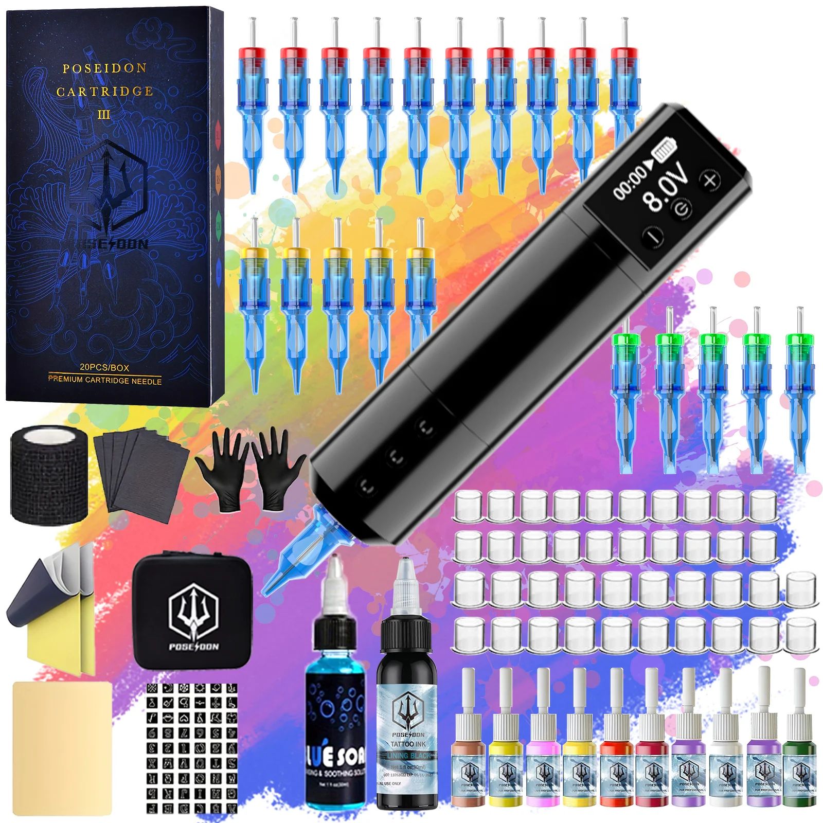 POSEIDON New Memory Wireless Tattoo Pen Tattoo Machine Kit with Cordless Power Supply