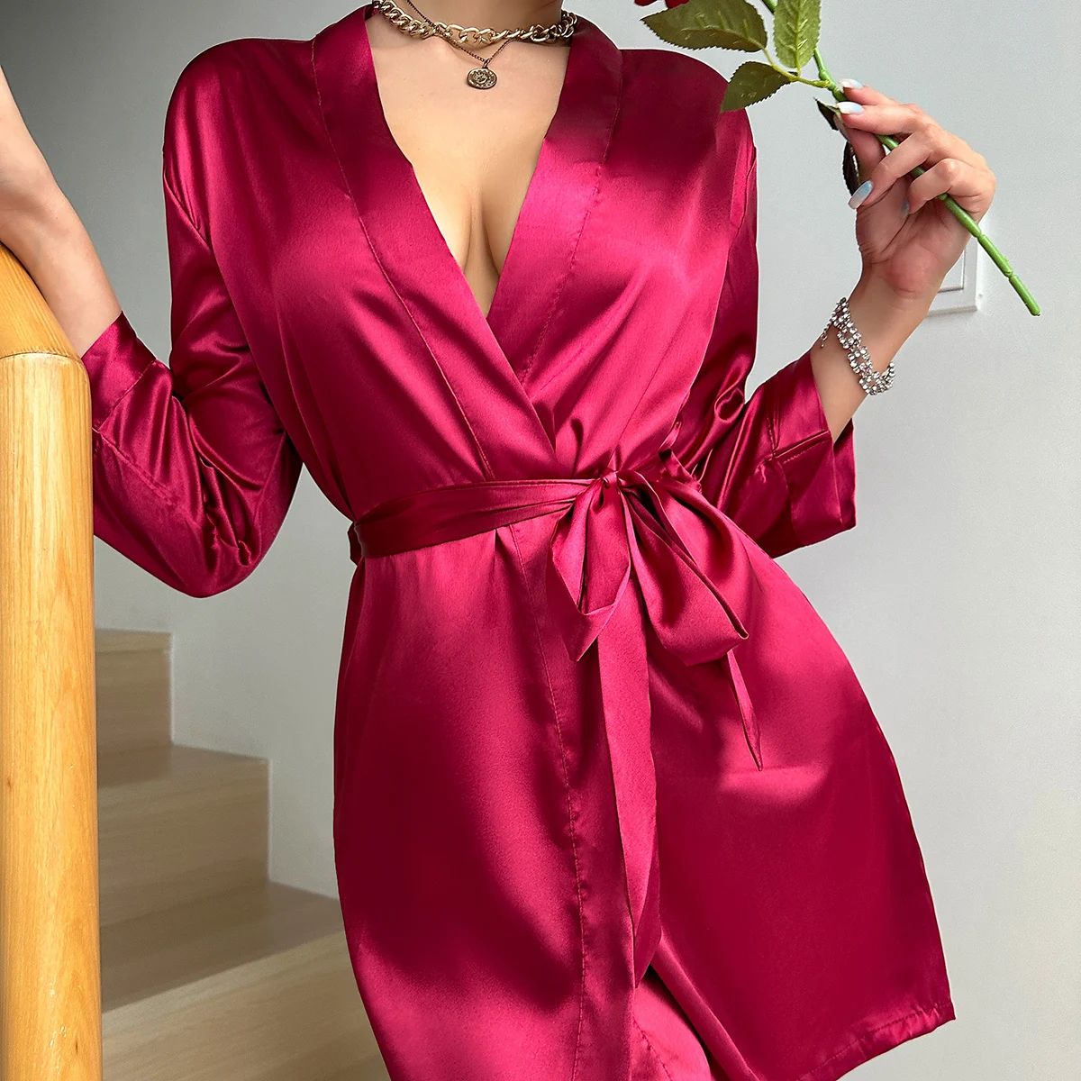 Womens Ice Silk Robe Lace-Trim Lace-Up Bathrobe – Sexy Summer Robe Morning Gown