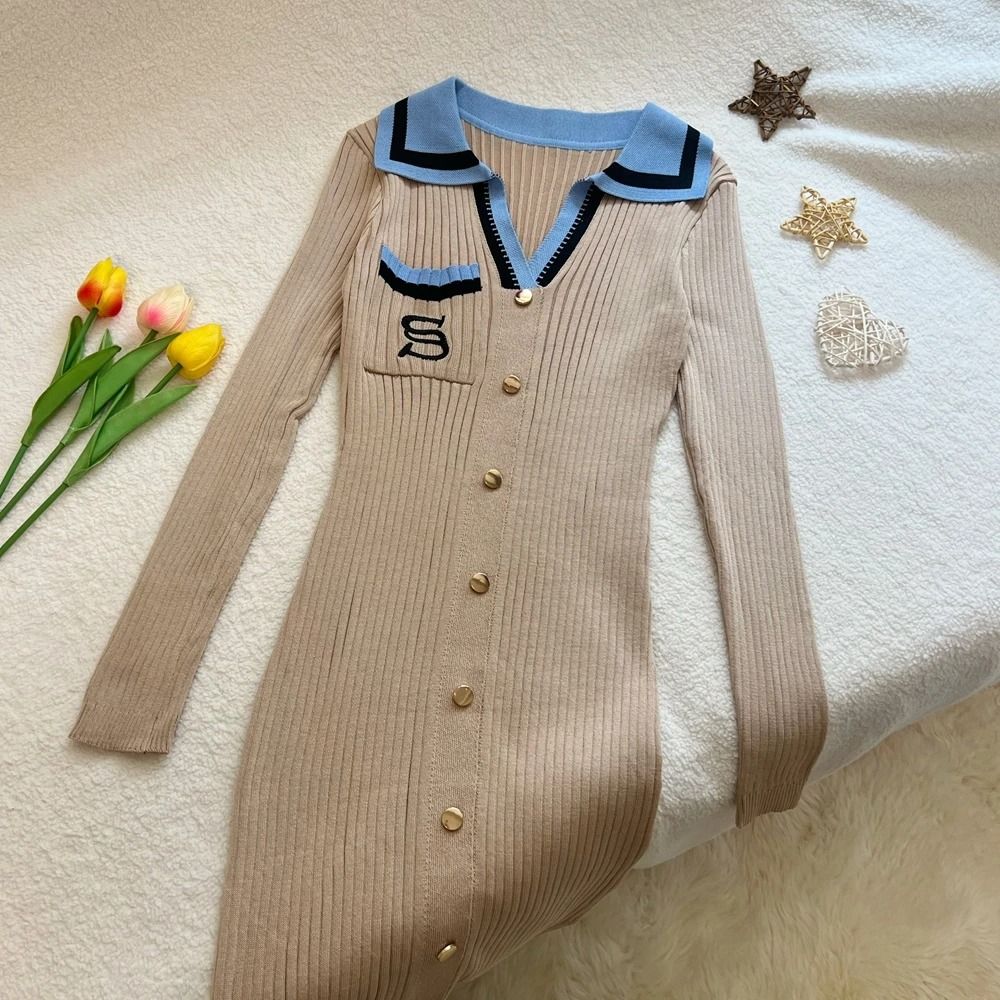 YuooMuoo Women Autumn Winter Y2K Embroidery Slim Elastic Long Sweater Dress Elegant Office Vestido