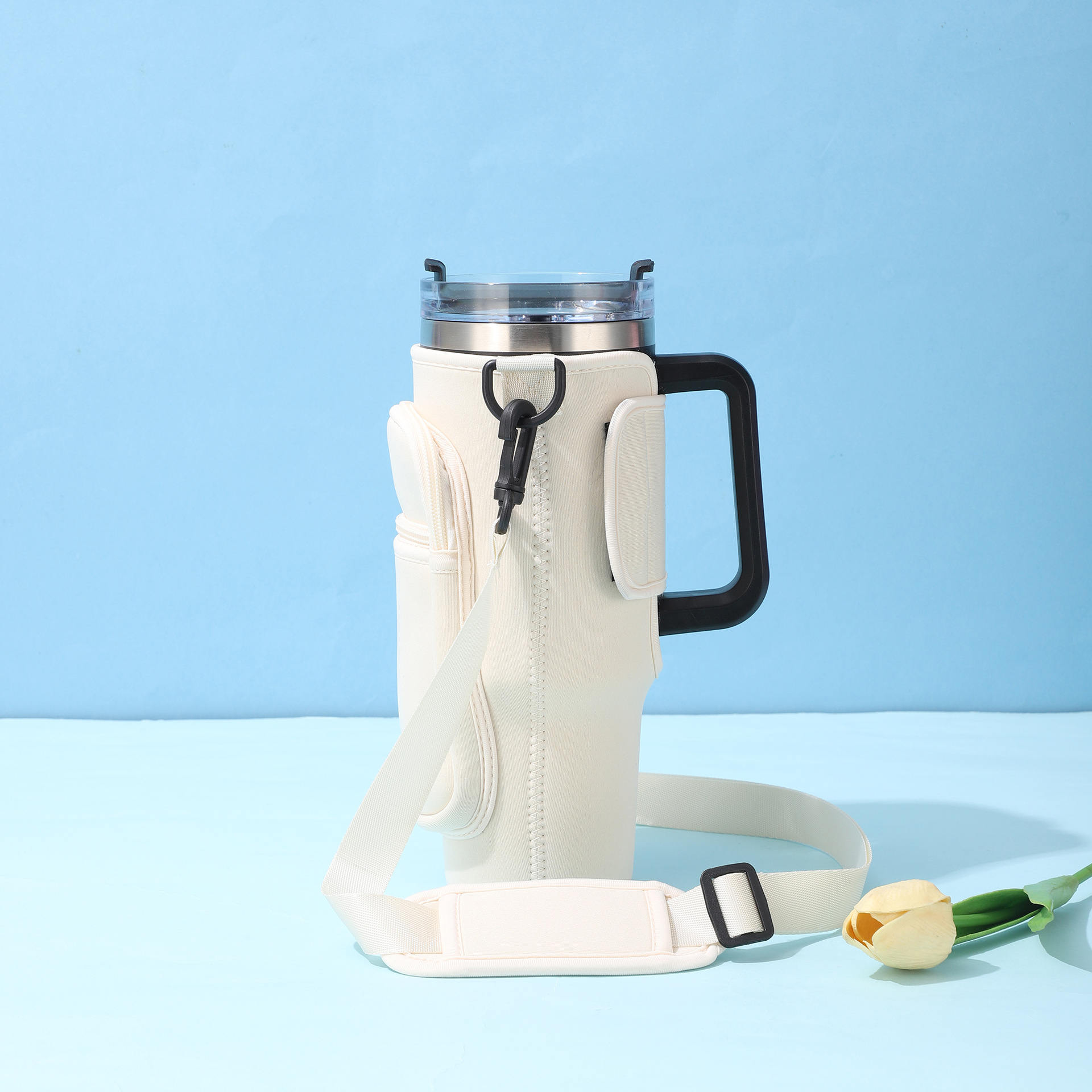 Large-Capacity CarCup Sleeves, Diving Fabric Ice Cup Sleeves, Handle Sleeves with Slanted Shoulder Straps, Availabl