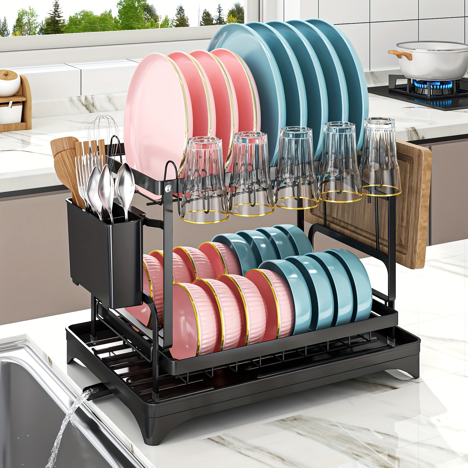 Dish Drying Rack for Kitchen Counter, Stainless Steel Dish Drainer with Drainboard for Dishes & Cups