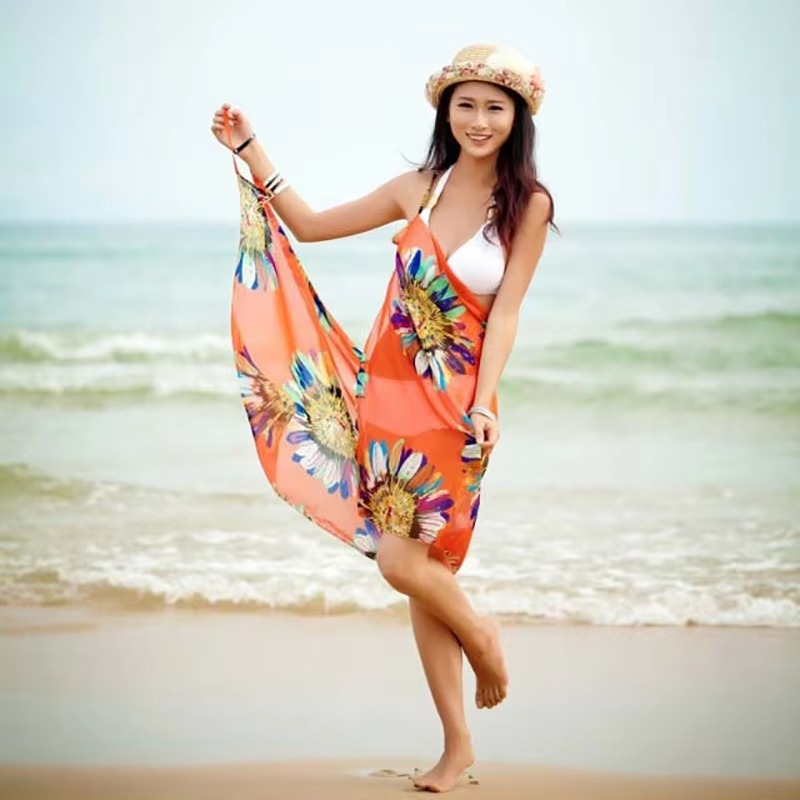 Printed Halter Chiffon Beach Dress, Sexy Bikini Wrap Pareo Skirts, Women Cover ups, Open Back Swimwear, Summer Beach