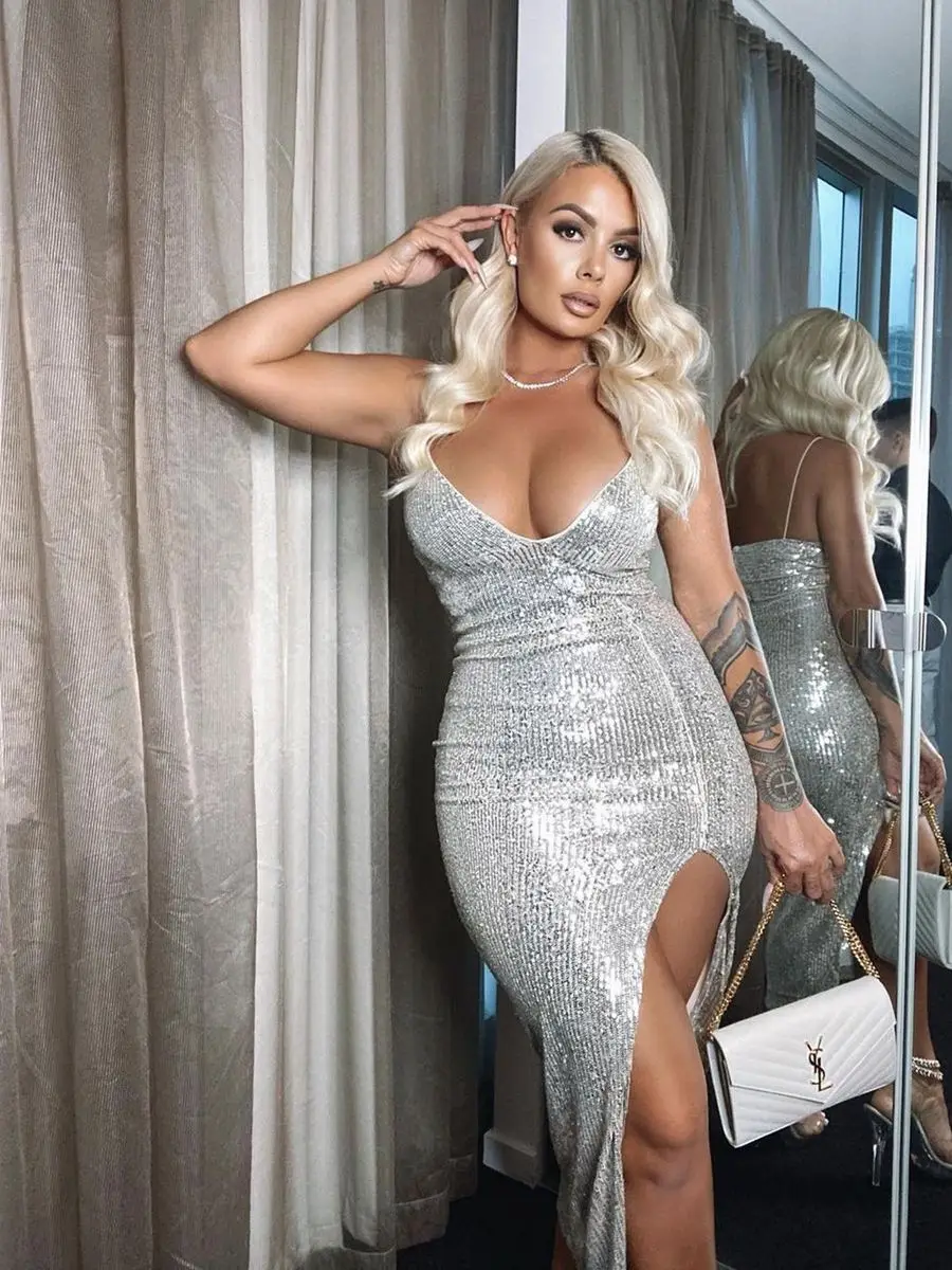 Silver Sequined Glitter Deep V-neck Bodycon Long Dress, High Split, Thin Spaghetti Straps