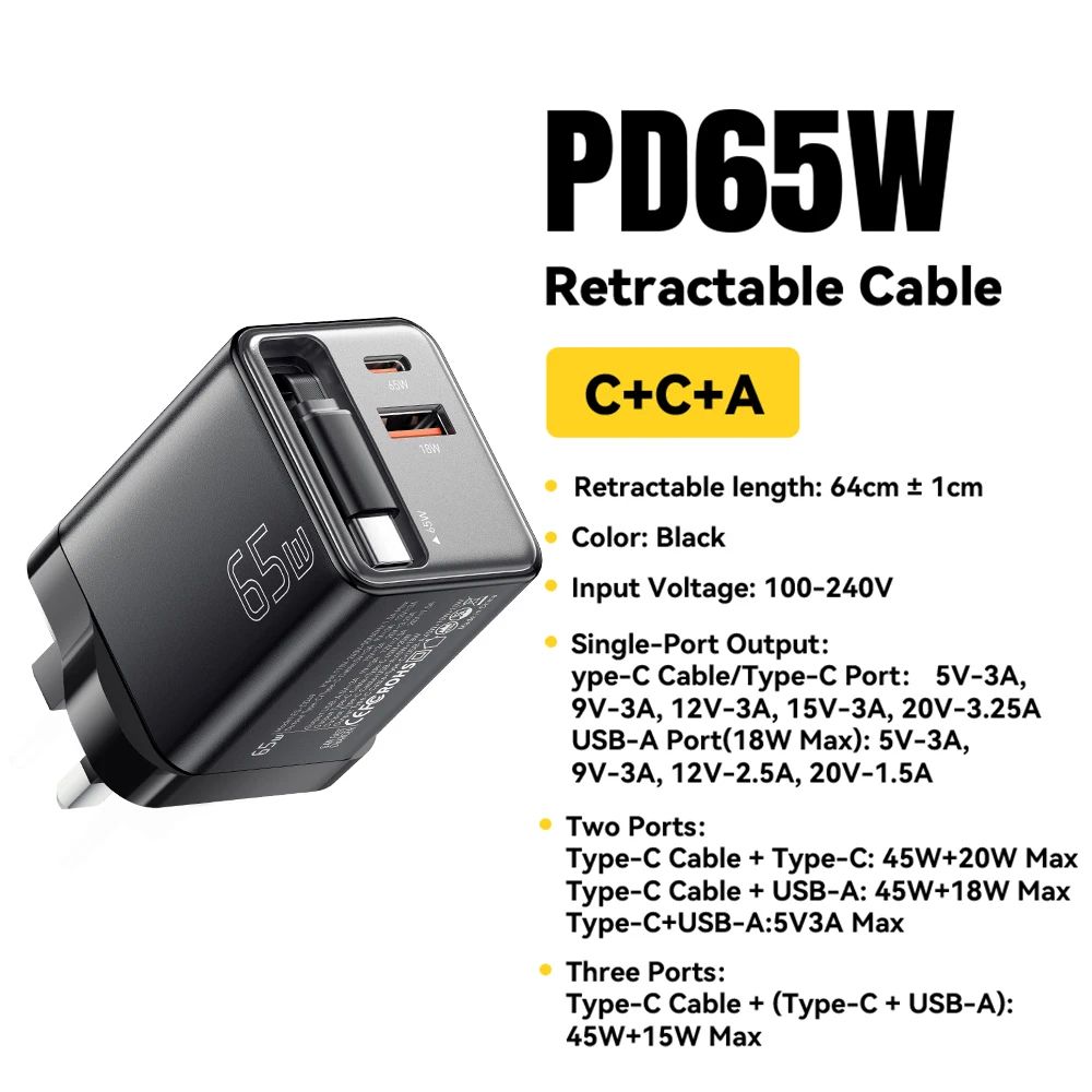 Essager 65W GaN Charger with Retractable Cable – PD Fast Charging USB-C Laptop & Phone Power Adapter