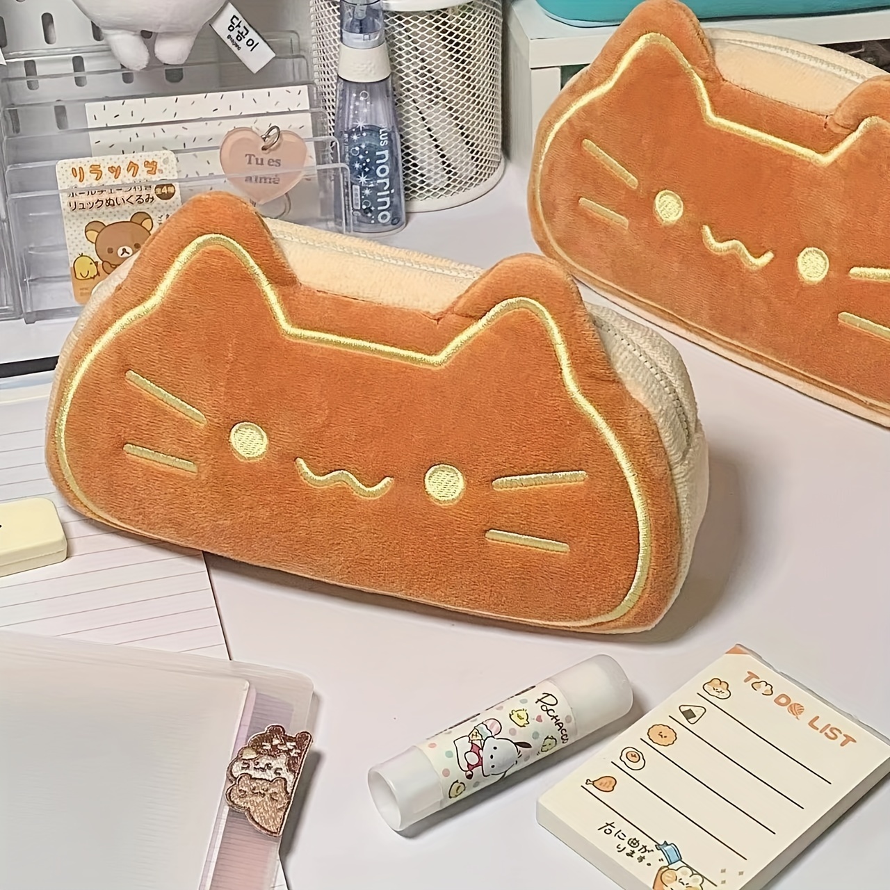 Caramel Cat Plush Pen Case, Large Capacity Pencil Bag, Cute School Gift for Primary and Secondary Students