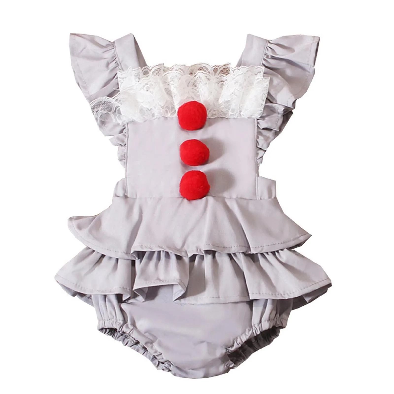 Baby Girl Creepy Clown Cosplay Costume | Premium Layered Gray Joker Dress Romper & Halloween Party Outwear