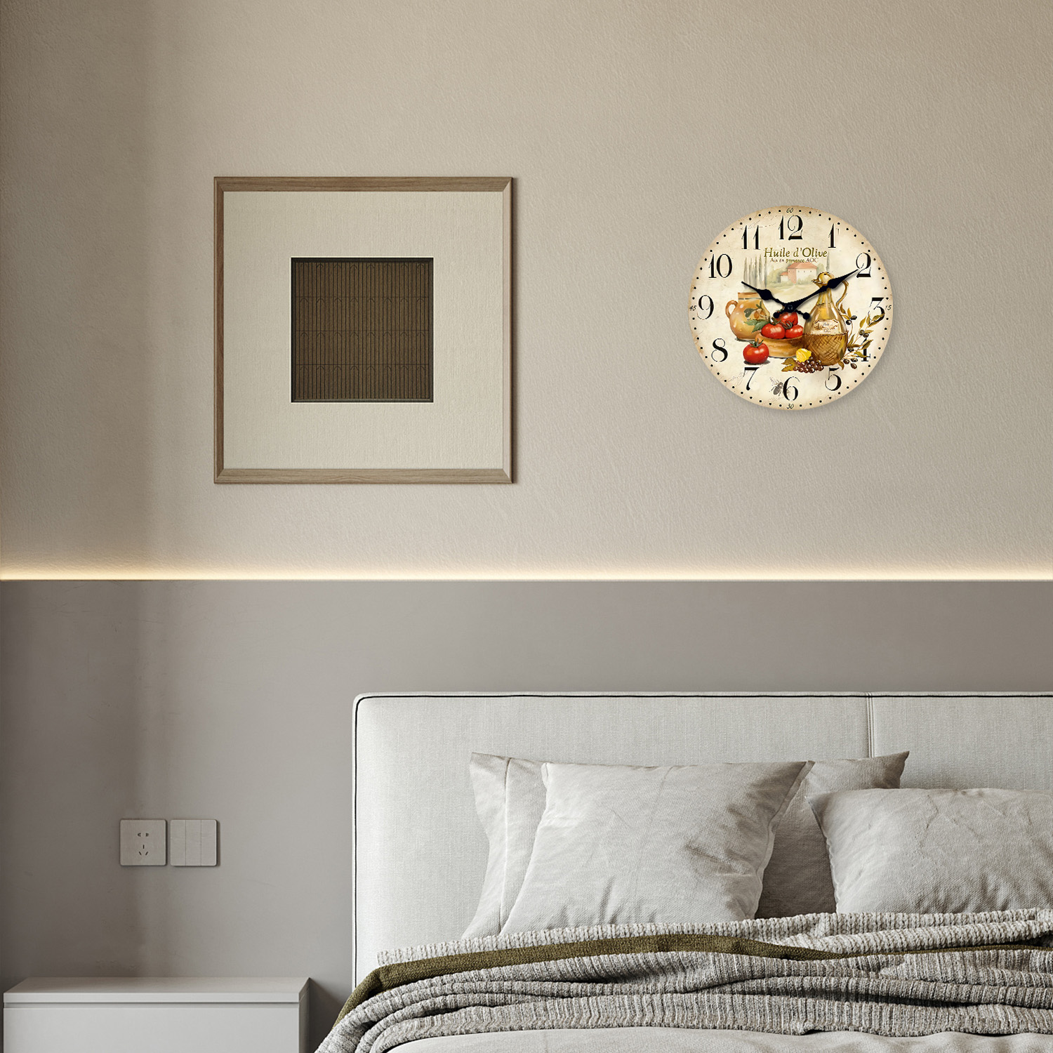 Retro Provence Olive Oil and Tomato Pattern Wooden Wall Clock, Silent Quartz Kitchen Wall Clock, Rustic Living Room