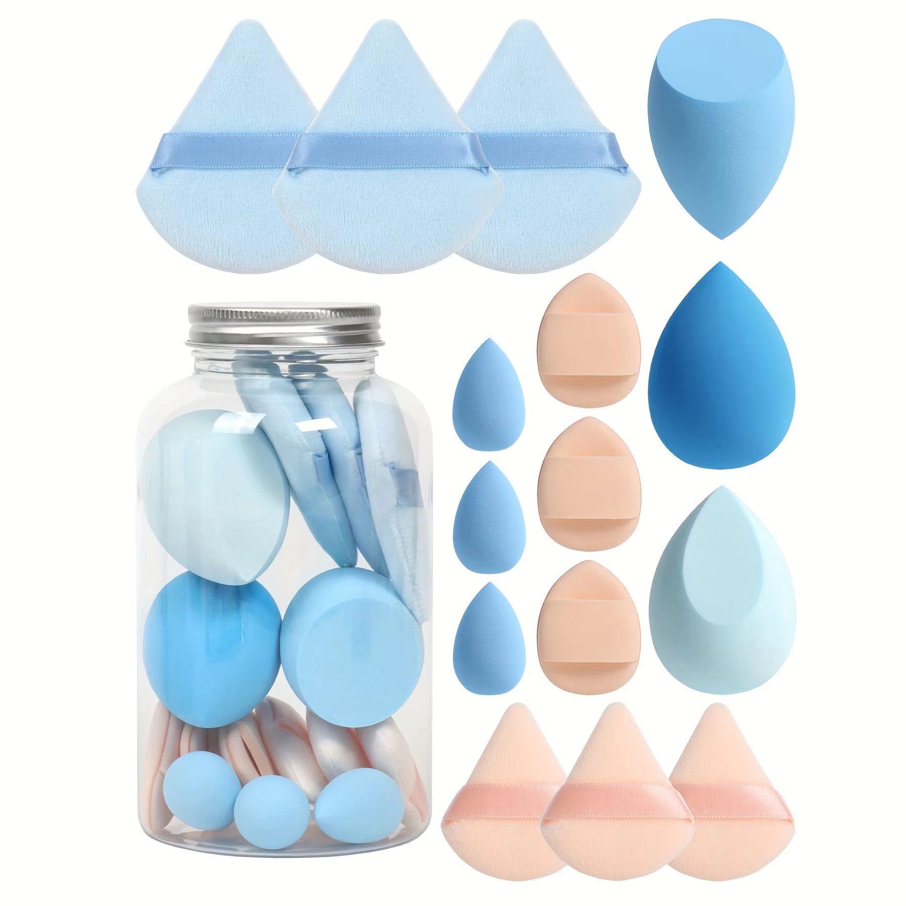 15 Piece Makeup Puff Set with Loose Powder Puffs, Mini Makeup Sponges, and Air Cushion Puffs in Travel Cans