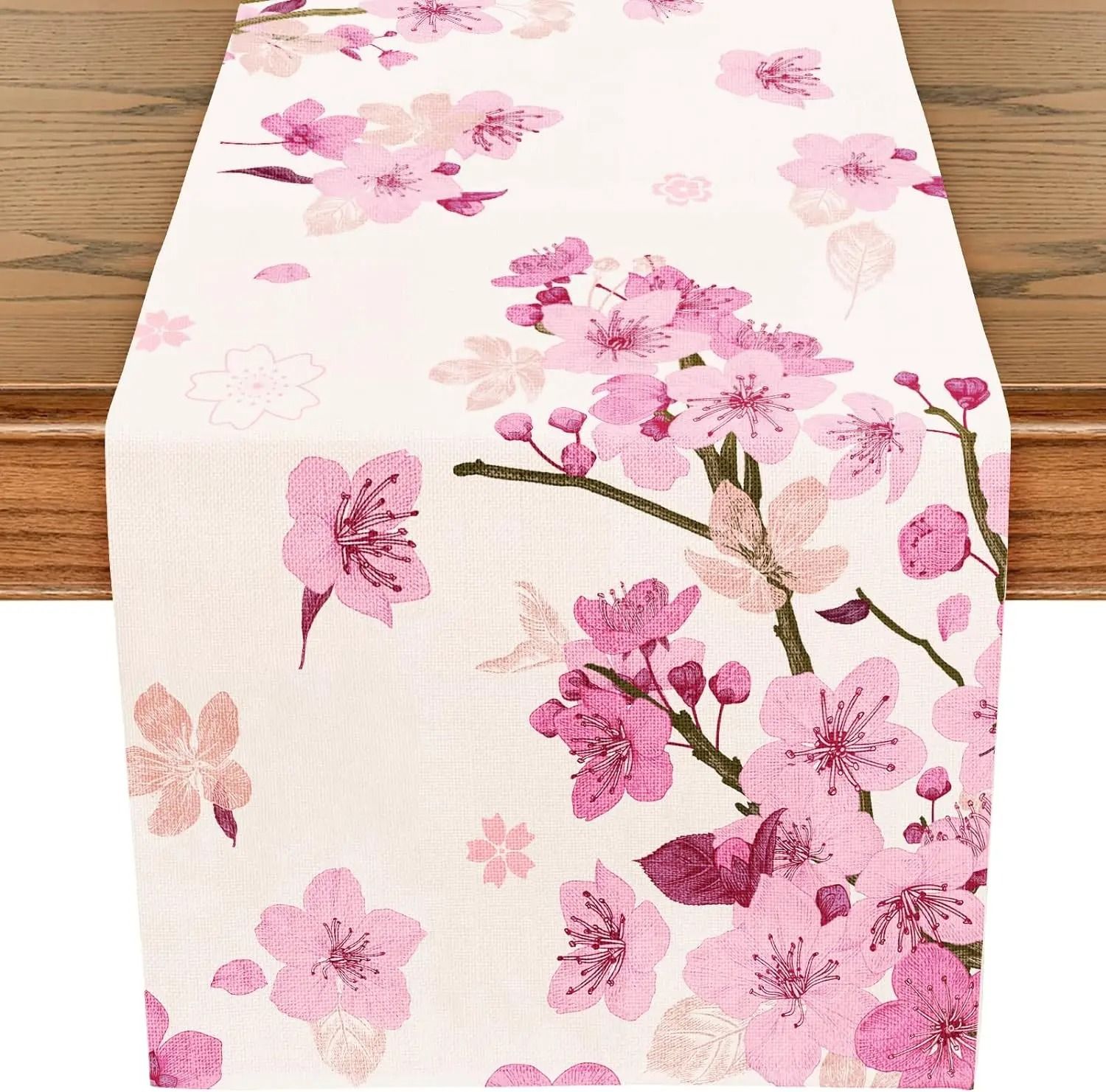 Spring Cherry Blossom Linen Table Runner | Summer Farmhouse Decor for Wedding, Banquet & Kitchen Dining