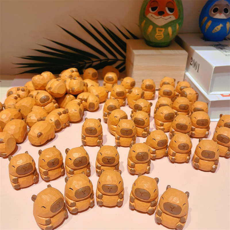 Cute Animal Capybara Small Model Statue, Solid Wood Carving for Room, Office, Car Decor