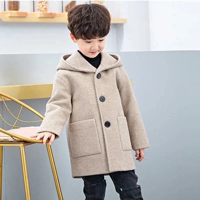 Boys Korean Handsome Woolen System | 2024 Fashion Thickening Jacket & Mid-Length Childrens Outerwear Infrastructure