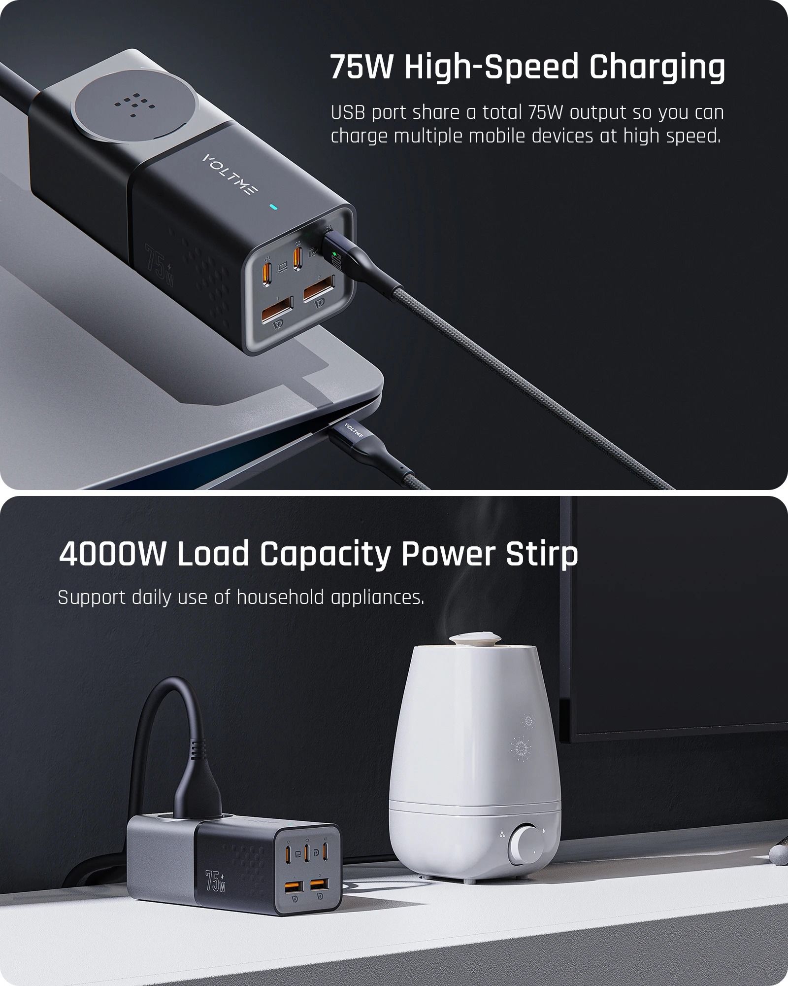 VOLTME 75W GaN Charging Station – Desktop Power Strip with USB-C Super Fast Charging for iPhone 15 & Samsung