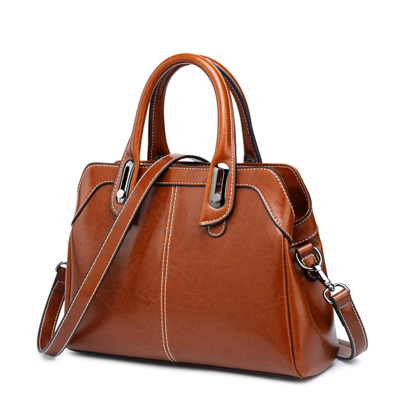 Genuine Leather Women's Handbag, Top Handle, Shoulder, Crossbody Bag, Fashion Oil Wax Cowhide Messenger Tote