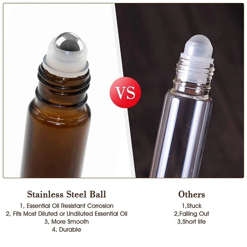 Amber Glass Roll On Bottle Set 10 Piece 5ml and 10ml Refillable Essential Oil Containers with Roller Ball