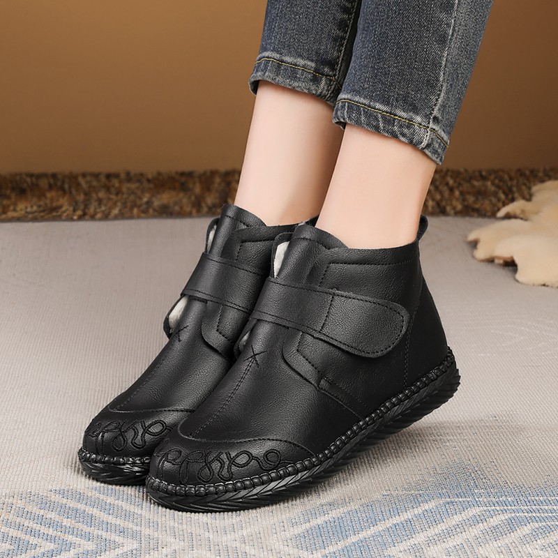 Womens Waterproof Snow Boot New Winter Faux Fur Leather Ankle Boots Hook Loop Embroidered Furry Shoes Cheap Booties