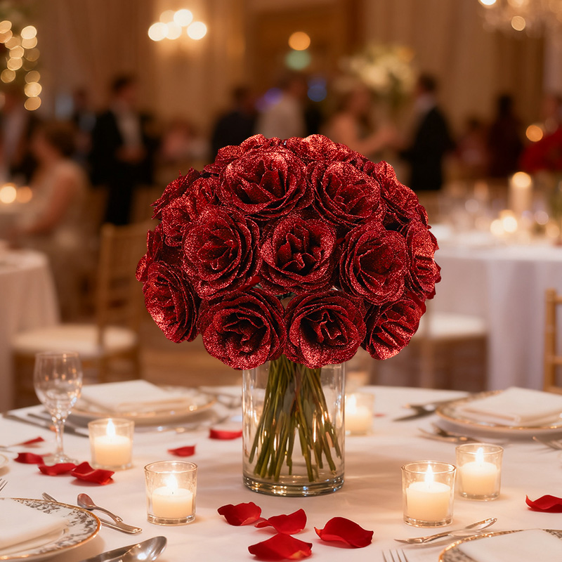 Artificial Glitter Red Rose Flowers Bouquet for Wedding Baby Shower Valentine's Day Home Party Decor DIY Garden