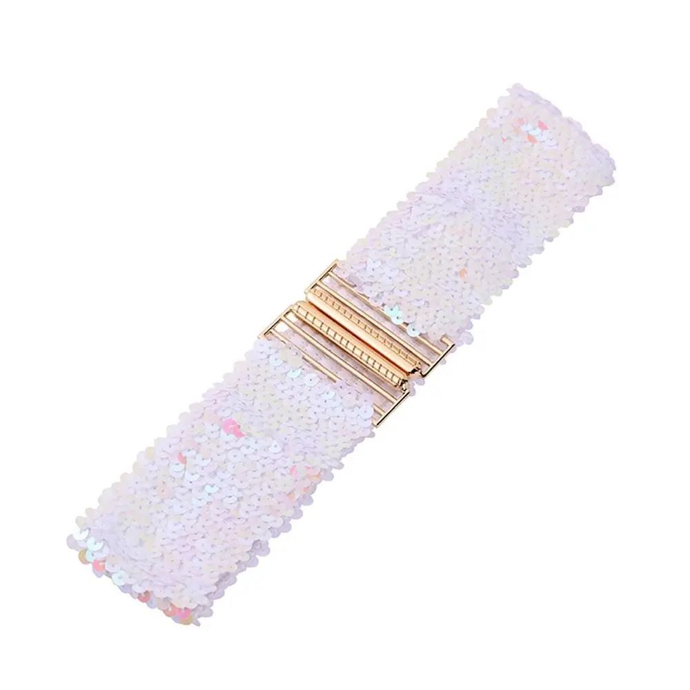 GlamCurve Wide Sequin Elastic Waist Belt with Gold Buckle