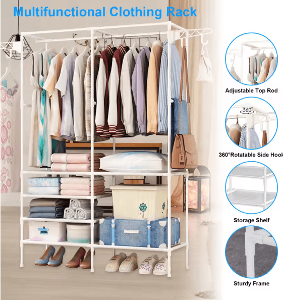 Freestanding Metal Garment Rack with Shelves and Shoe Organizer Storage for Bedroom Closet