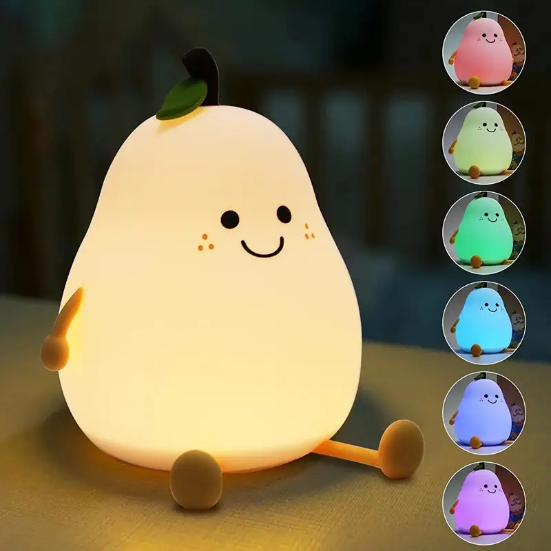 Cute LED Pear Night Light USB Rechargeable Touch Silicone Table Lamp Bedroom Decoration Gift for Couples