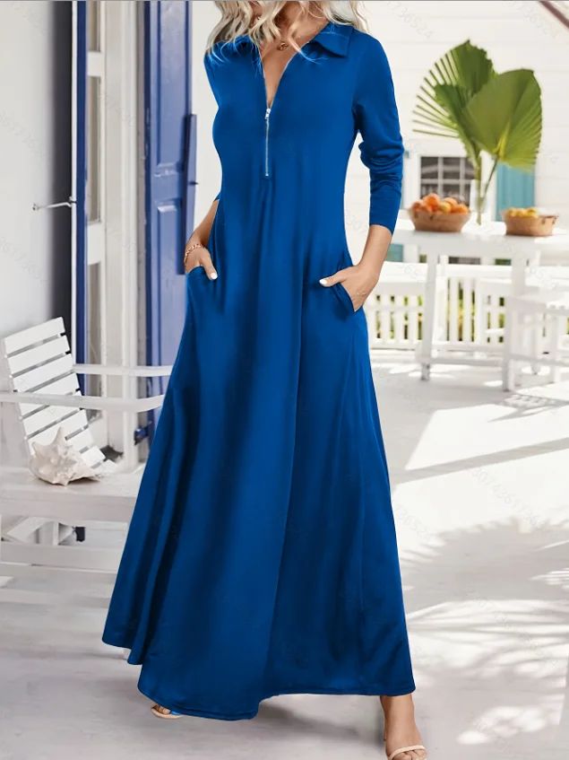Elegant Long Sleeve Maxi Dress with Pockets – Spring-Autumn Slim Shirt Dress