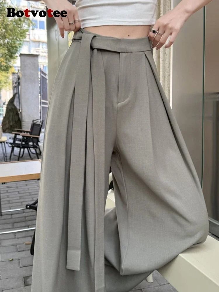 Botvotee Elegant Office Suit Pants High Waisted Wide Leg Baggy Blazer Trousers with Sashes