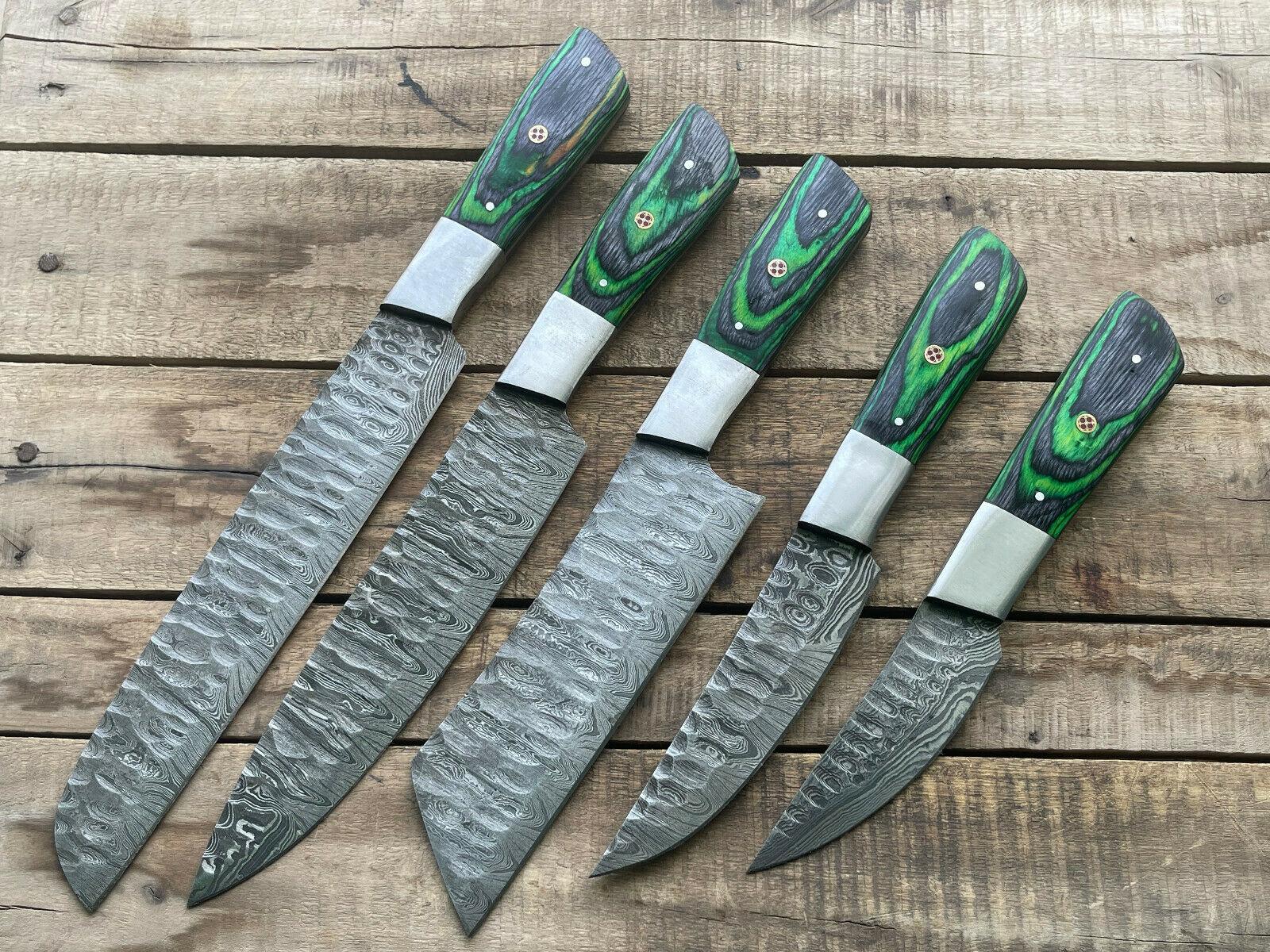 Exclusive 5PCS Handmade Damascus Steel Chef Set | Full Tang Kitchen Knives