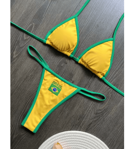Embroidered Brazil Flag Bikini Contrast Split Patchwork Swimsuit