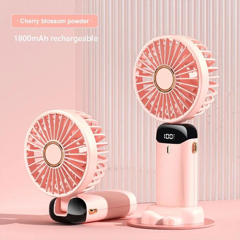 Foldable Handheld Mini Fan with Neck Hanging Design, 5 Speed USB Rechargeable Fan with Phone Stand, LED Display and 1800