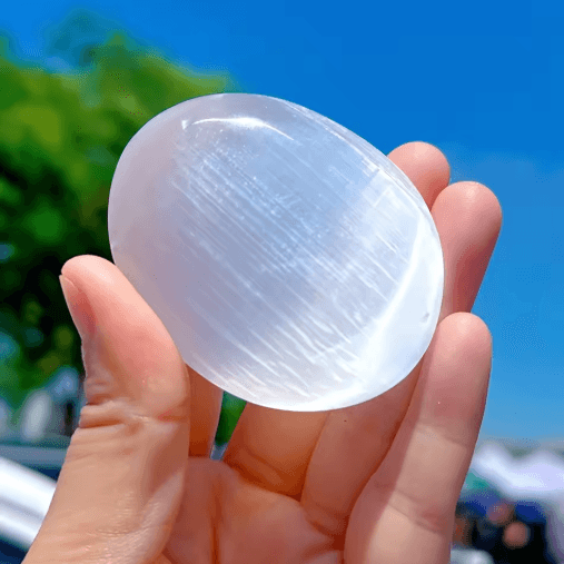 Natural Selenite Palm Stone – Polished Oval Crystal for Meditation, Energy Cleansing & Home Decor