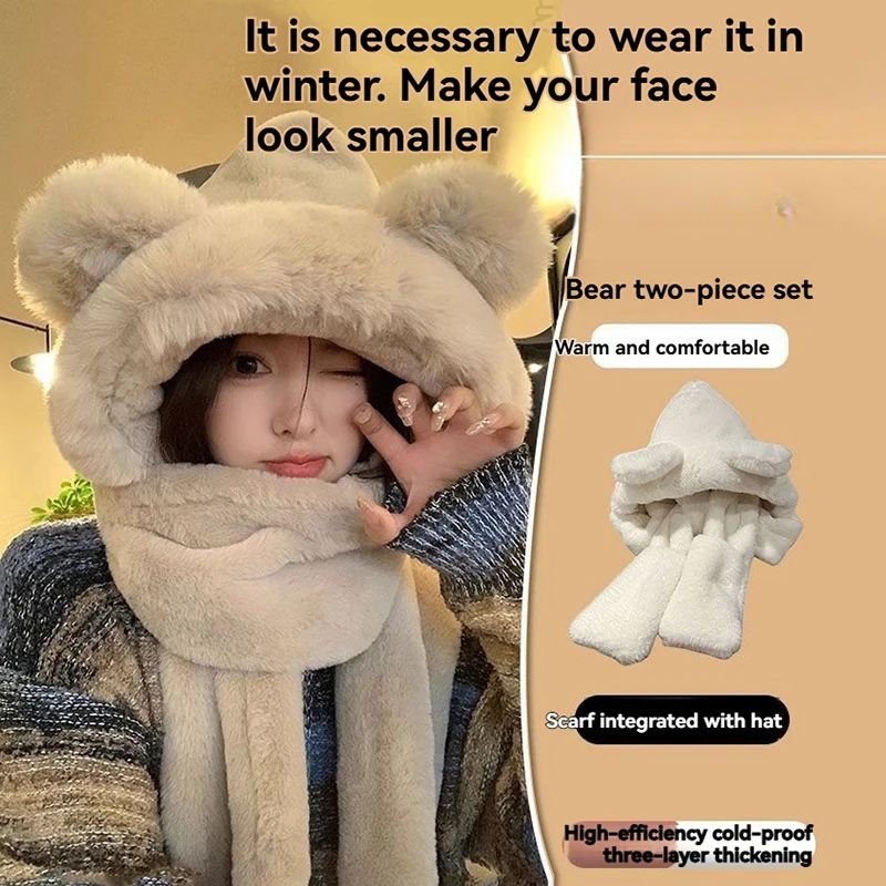 Plush Fleece 3-in-1 Bear Ear Hooded Cap Scarf and Gloves Set