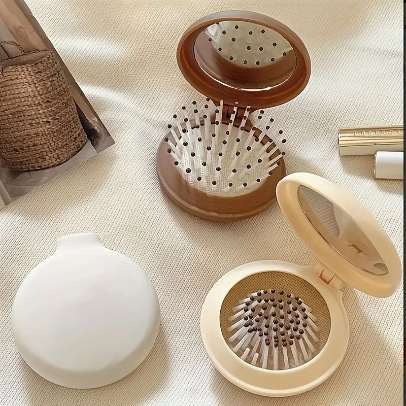 Mini Folding Travel Hair Brush with Mirror – Portable Compact Dual Fold Styling Brush for Women