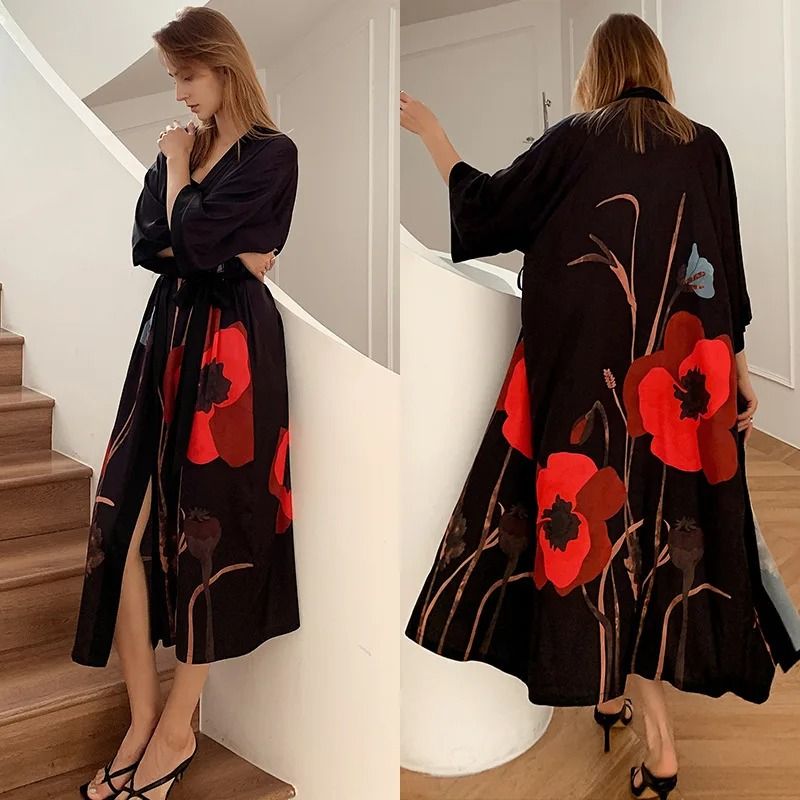New Spring Summer Female Long Robe Set – Sexy Flower Print Kimono & Silk Satin Casual Lounge Wear