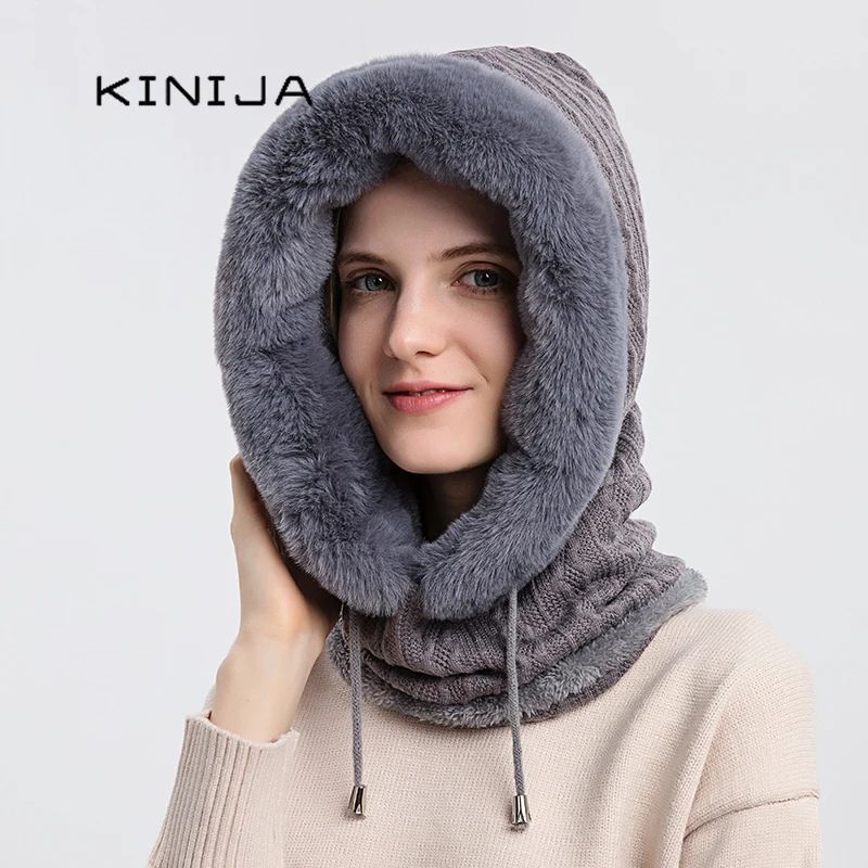 Women Winter Fur Cap Mask Set, Hooded Knitted Cashmere Balaclava Ski Hat with Thick Fluffy Beanies & Neck Warmer H