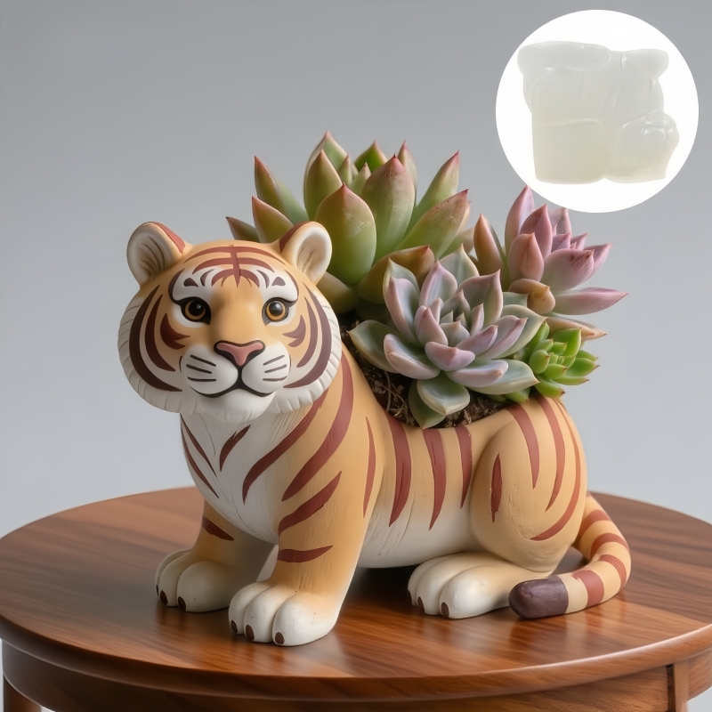 Cute Tiger Silicone Mold for Concrete Planter Candle Cup and Storage Box DIY