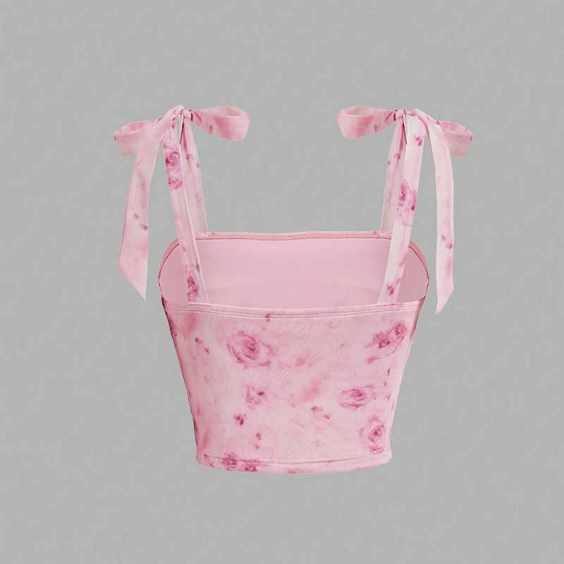 Pink Backless Camis Top, Solid Tie Shoulder Ruched Design, Wide Strap Slim Fit Crop Top, Summer Women Clothing