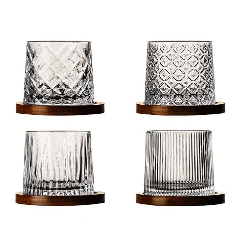 Rotating Whisky Glass with Bamboo Coaster – Spinning Cocktail Glass for Whiskey Scotch Bourbon Wine