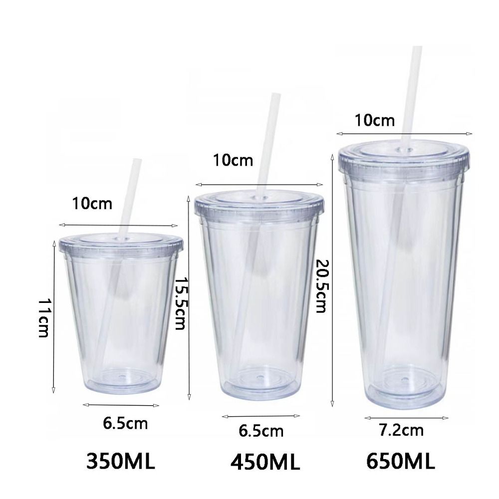 Plastic Clear Tumbler Smoothie Cup with Lid and Straw Transparent Double-Layer Iced Coffee Water Bottle Milk