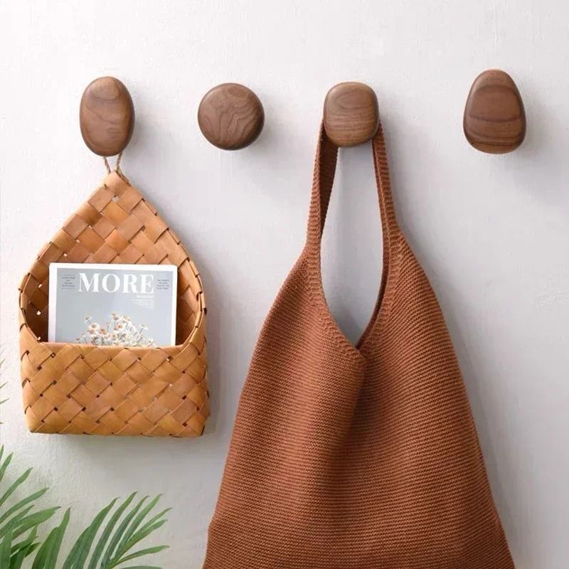 Scandinavian Solid Wood Wall Mounted Clothes Hook Pebble Shape Punch Free Door Hanger