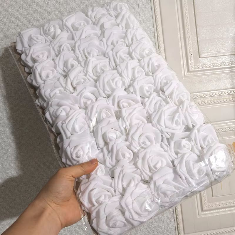 50-Pack White PE Rose Artificial Flower Heads with Stems for DIY Decor