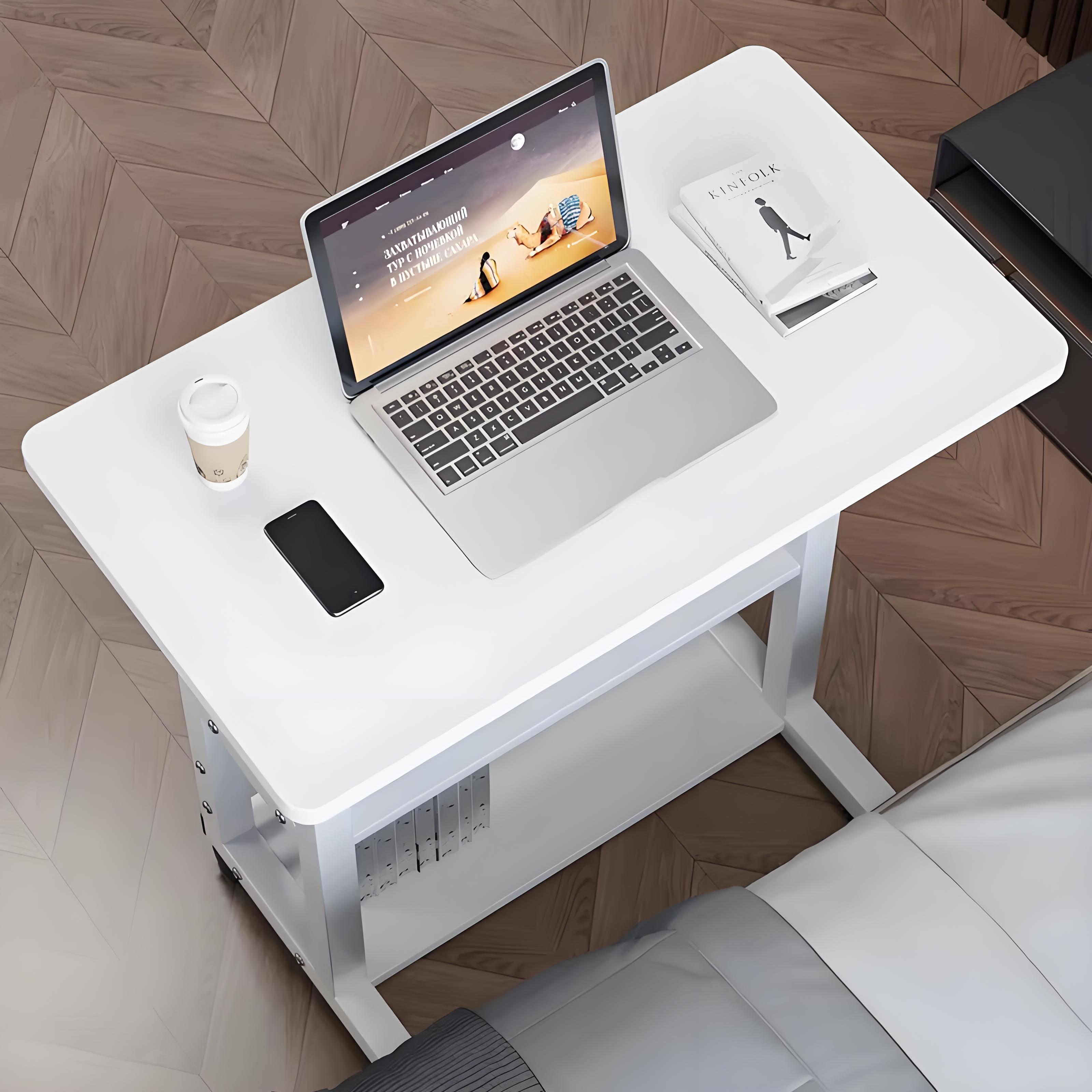Movable Double-Layer Desk with Storage Shelf, White Lift Table, Bedside Laptop Furniture for Office